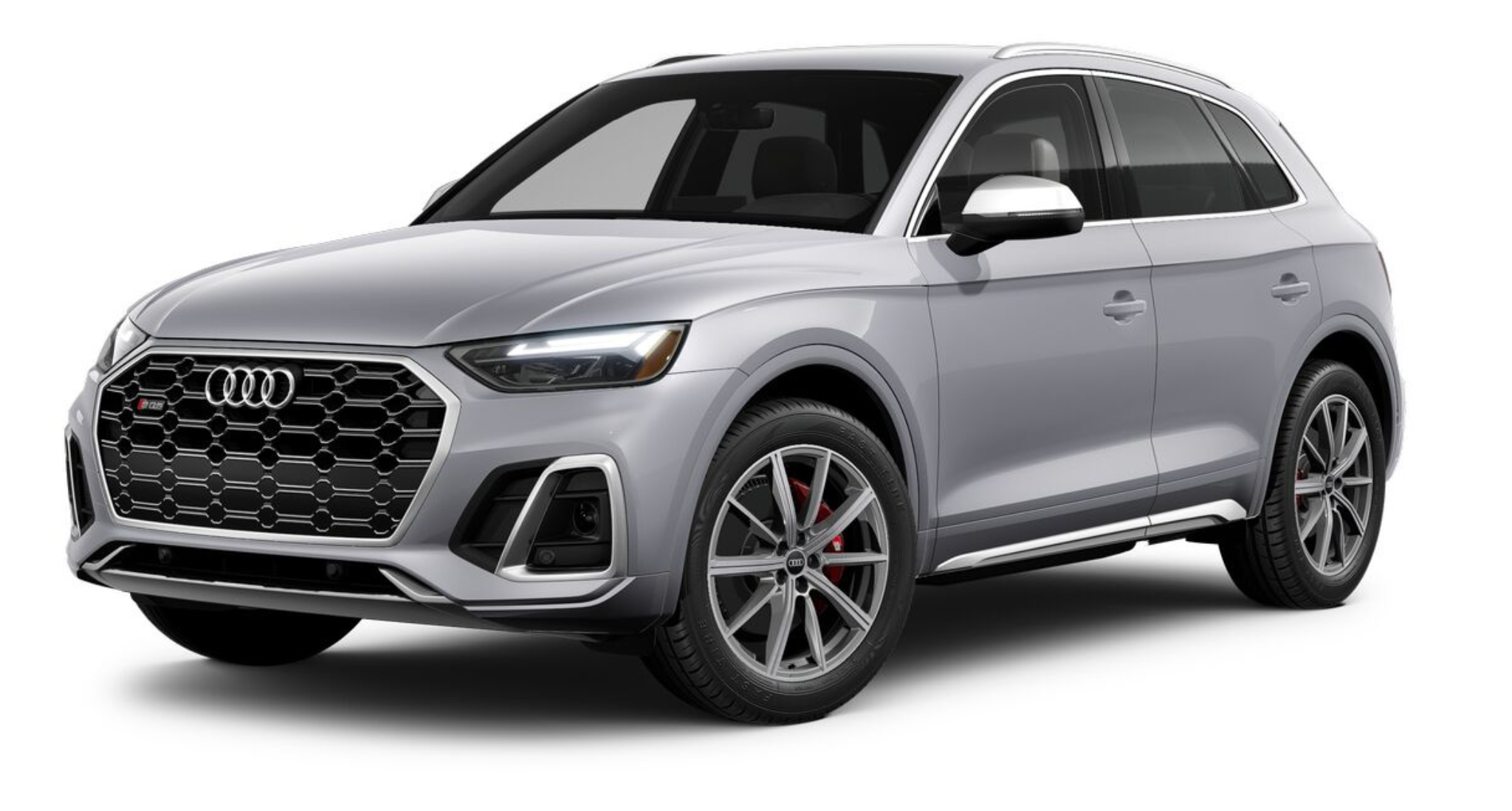 Front exterior view of the 2025 Audi SQ5 showcasing the signature Singleframe honeycomb grille, LED matrix headlights, and aggressive sport styling.