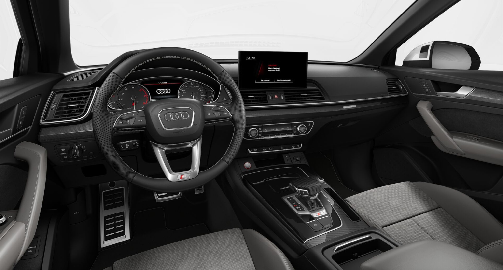 Interior dashboard view of the 2025 Audi SQ5, featuring a leather-wrapped flat-bottom steering wheel, Audi Virtual Cockpit digital display, MMI touchscreen, and premium finishes for a sophisticated, driver-focused cabin.