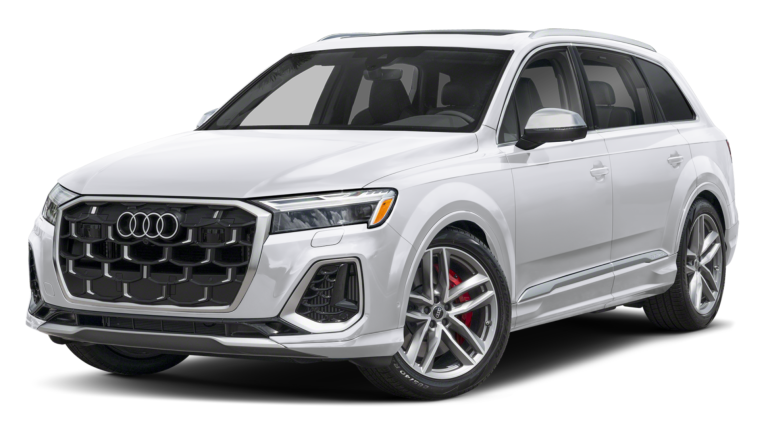 Front view of the 2025 Audi SQ7 Premium Plus in Glacier White Metallic, showcasing its aggressive black honeycomb grille, signature Matrix-design LED headlights, and sporty front bumper with bold lines.