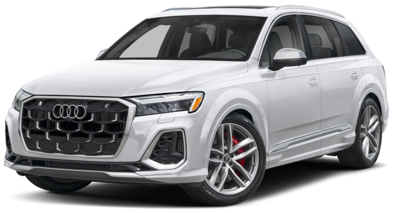 Front view of the 2025 Audi SQ7 Premium Plus in Glacier White Metallic, showcasing its aggressive black honeycomb grille, signature Matrix-design LED headlights, and sporty front bumper with bold lines.