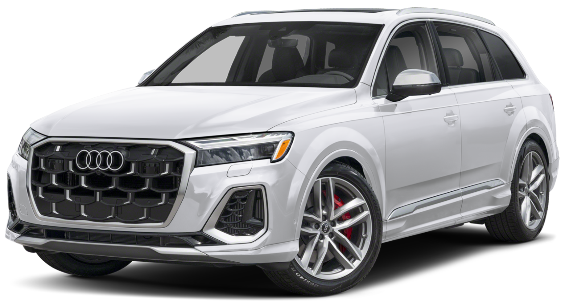 Front view of the 2025 Audi SQ7 Premium Plus in Glacier White Metallic, showcasing its aggressive black honeycomb grille, signature Matrix-design LED headlights, and sporty front bumper with bold lines.