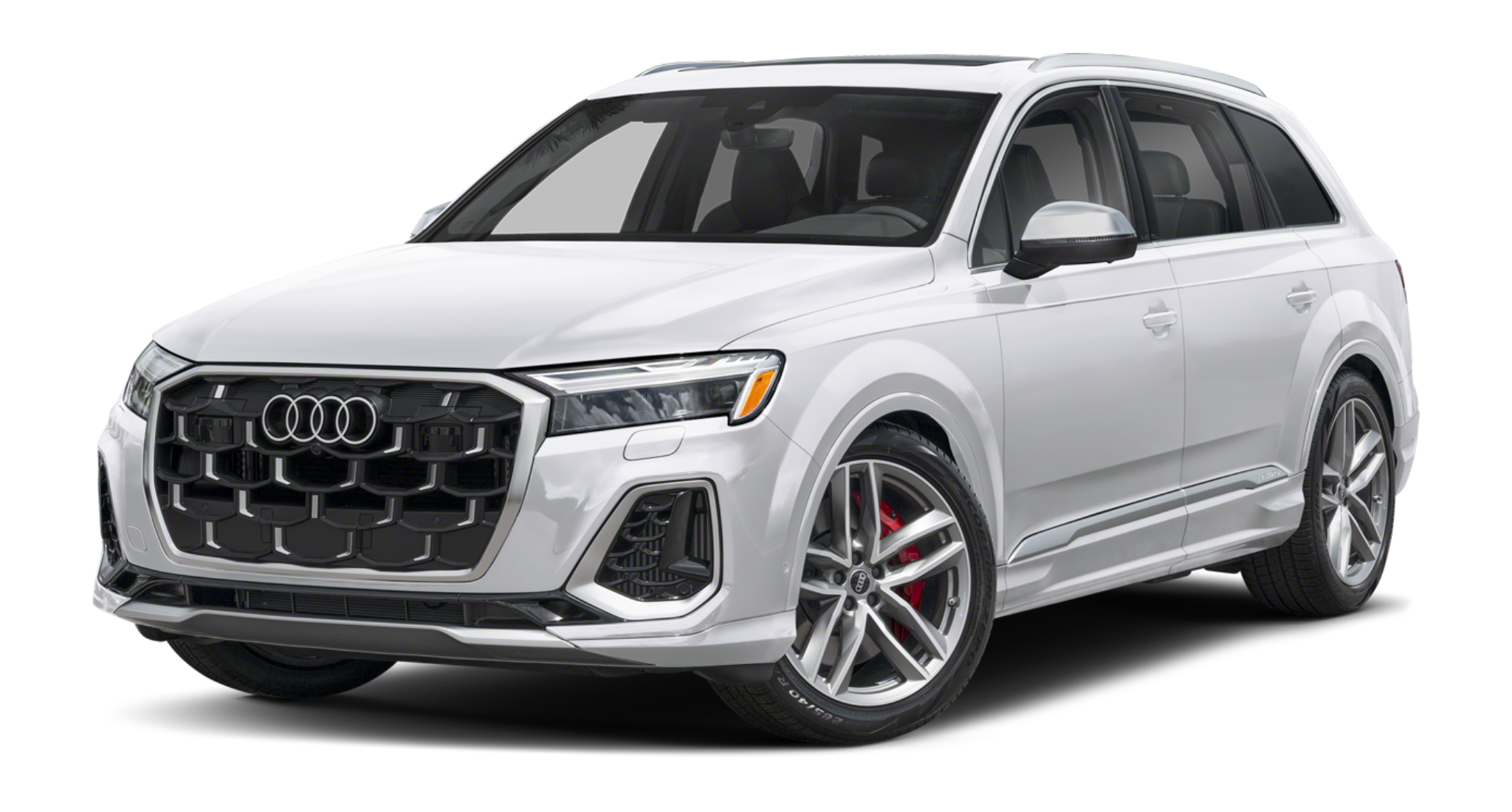 Front view of the 2025 Audi SQ7 Premium Plus in Glacier White Metallic, showcasing its aggressive black honeycomb grille, signature Matrix-design LED headlights, and sporty front bumper with bold lines.