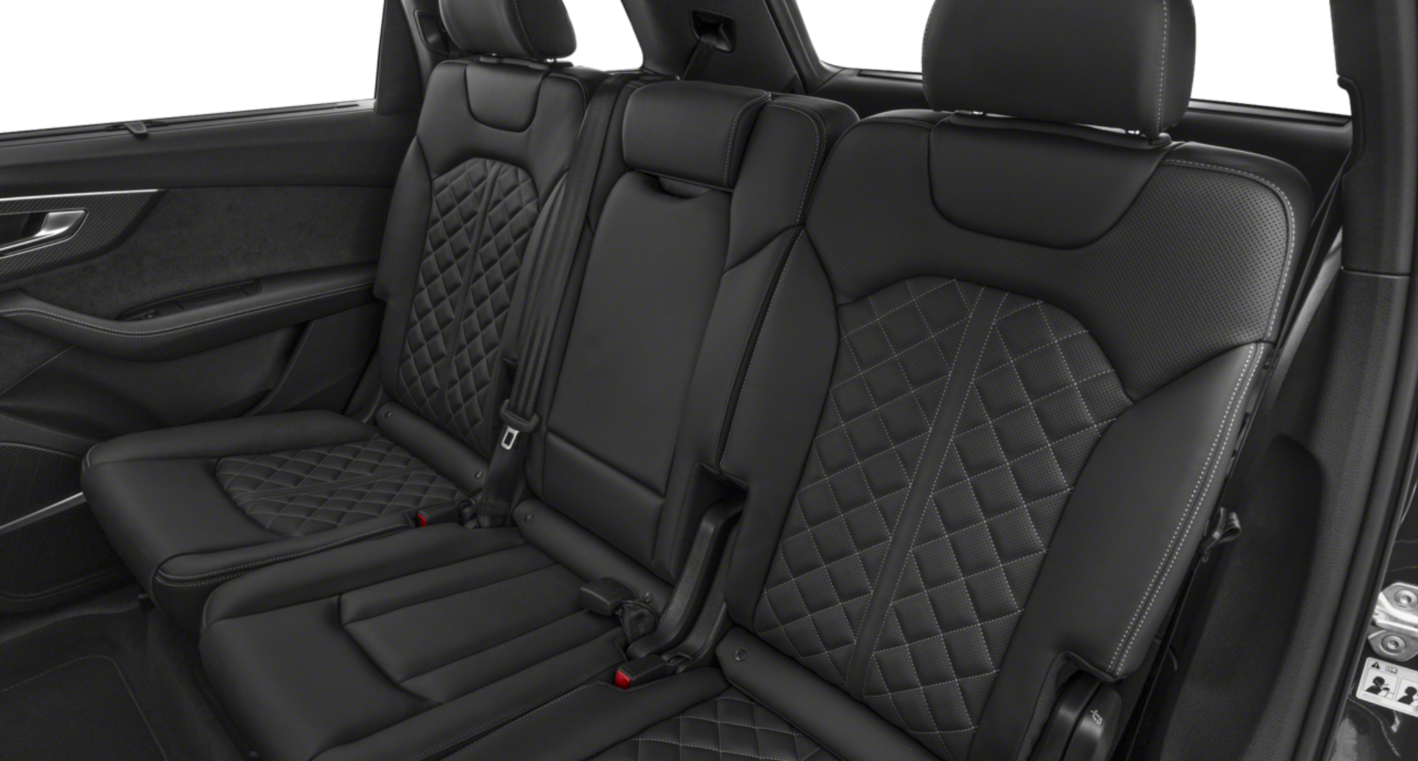 Interior rear seating of the 2025 Audi SQ7, featuring premium Valcona leather upholstery with diamond stitching, ample legroom, and luxurious comfort for second-row passengers.