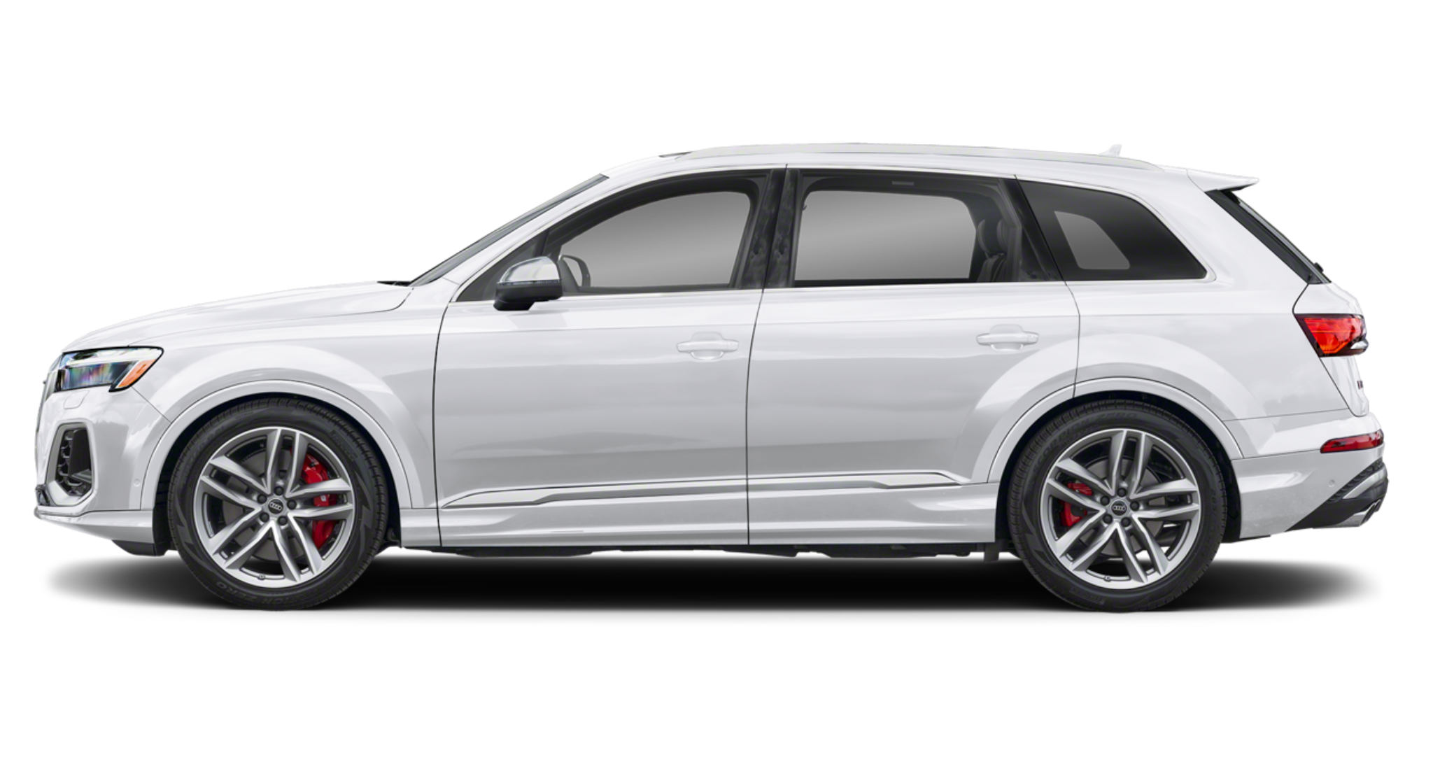 Side profile of the 2025 Audi SQ7 Premium Plus SUV in Glacier White Metallic, highlighting its aerodynamic design, 21-inch 5-V-spoke-star alloy wheels with red brake calipers, and sleek roofline.