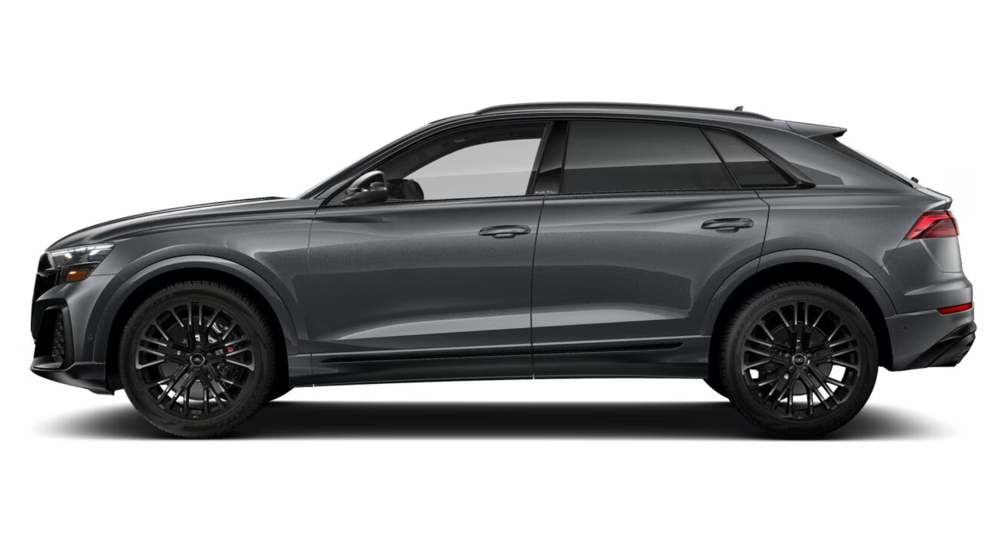 Side profile of 2025 Audi SQ8 in Daytona Gray with 22-inch wheels