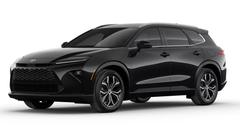 Three-quarter front angle of the 2025 Toyota Crown Signia XLE AWD in black, featuring 19-inch alloy wheels, sleek roofline, and signature Toyota styling