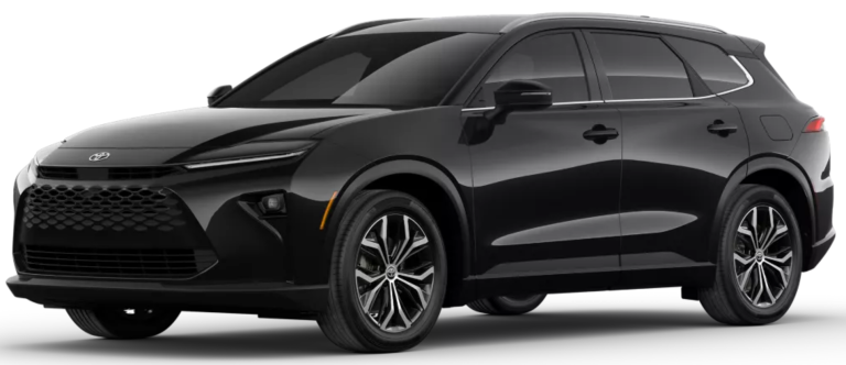 Three-quarter front angle of the 2025 Toyota Crown Signia XLE AWD in black, featuring 19-inch alloy wheels, sleek roofline, and signature Toyota styling