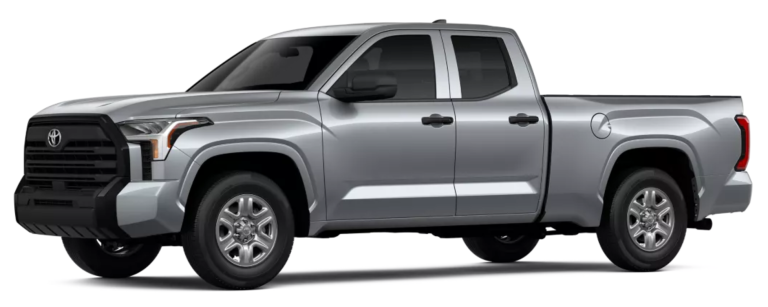 Side profile of the 2025 Toyota Tundra SR 4WD in silver with 18-inch styled steel wheels, Double Cab layout, and 6.5-foot cargo bed.