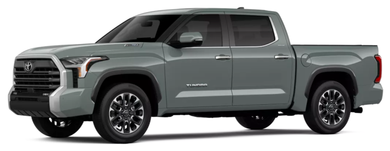 2025 Toyota Tundra Hybrid Limited i-FORCE MAX shown in Lunar Rock from front-side angle, featuring 20-inch alloy wheels, CrewMax cabin, and chrome-trimmed grille