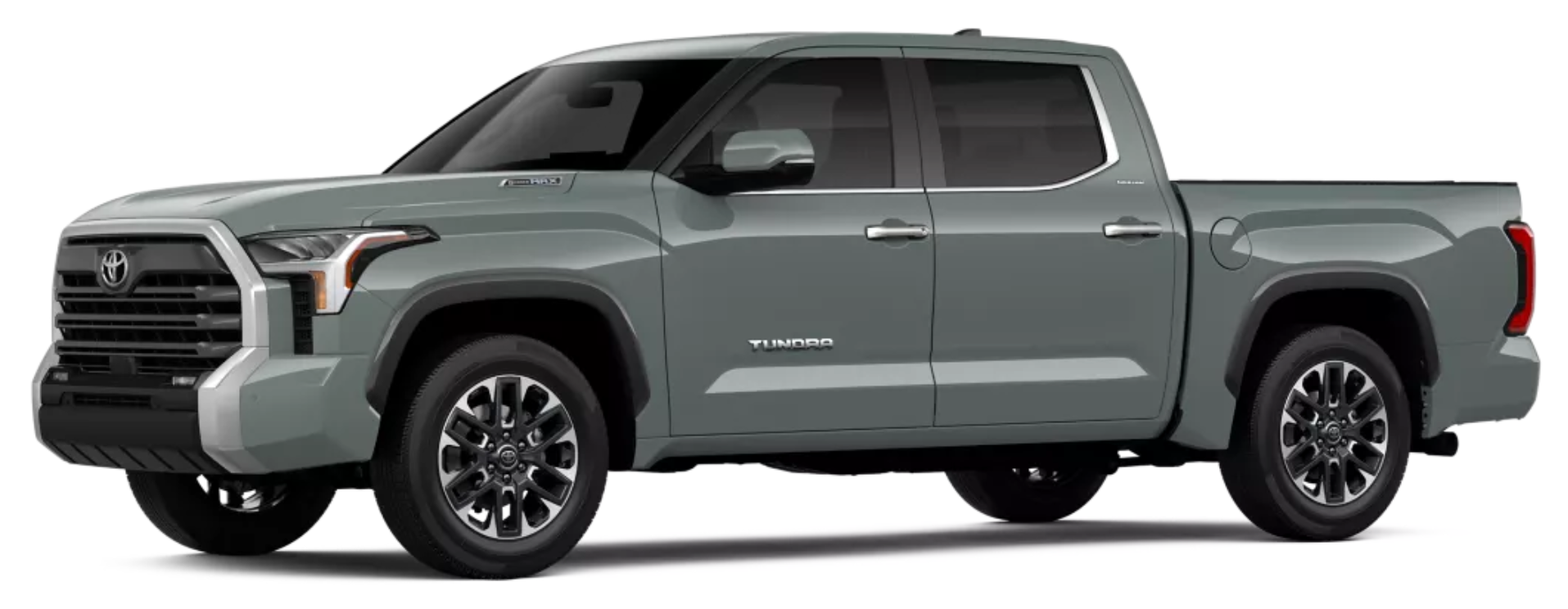 2025 Toyota Tundra Hybrid Limited i-FORCE MAX shown in Lunar Rock from front-side angle, featuring 20-inch alloy wheels, CrewMax cabin, and chrome-trimmed grille