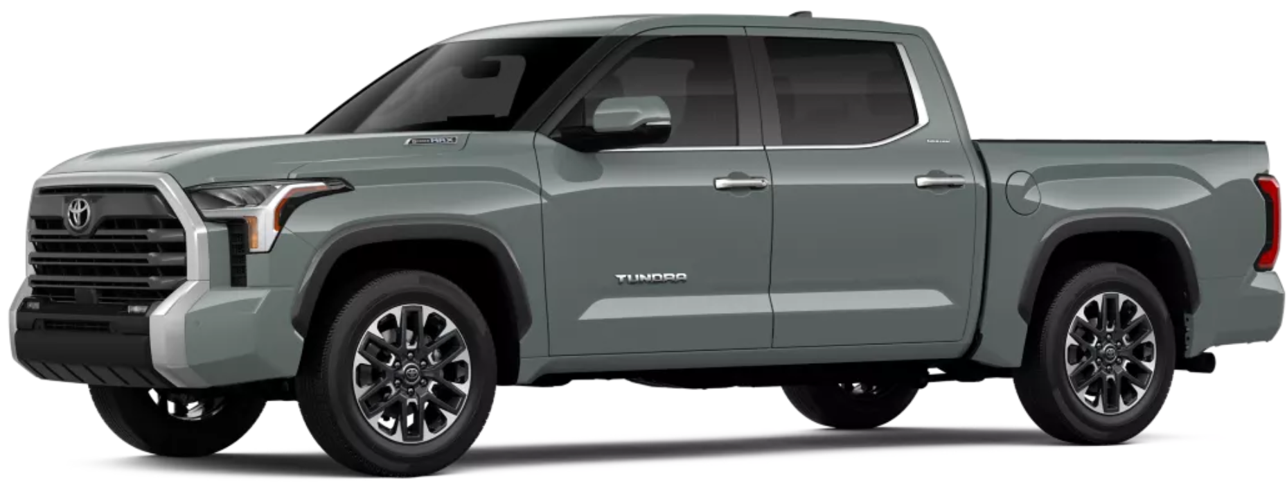 2025 Toyota Tundra Hybrid Limited i-FORCE MAX shown in Lunar Rock from front-side angle, featuring 20-inch alloy wheels, CrewMax cabin, and chrome-trimmed grille