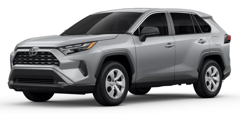 Three-quarter front angle of the 2025 Toyota RAV4 LE AWD in silver, highlighting the SUV’s athletic stance, alloy wheels, and modern body lines.