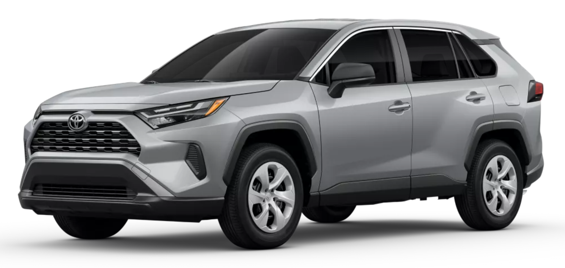 Three-quarter front angle of the 2025 Toyota RAV4 LE AWD in silver, highlighting the SUV’s athletic stance, alloy wheels, and modern body lines.