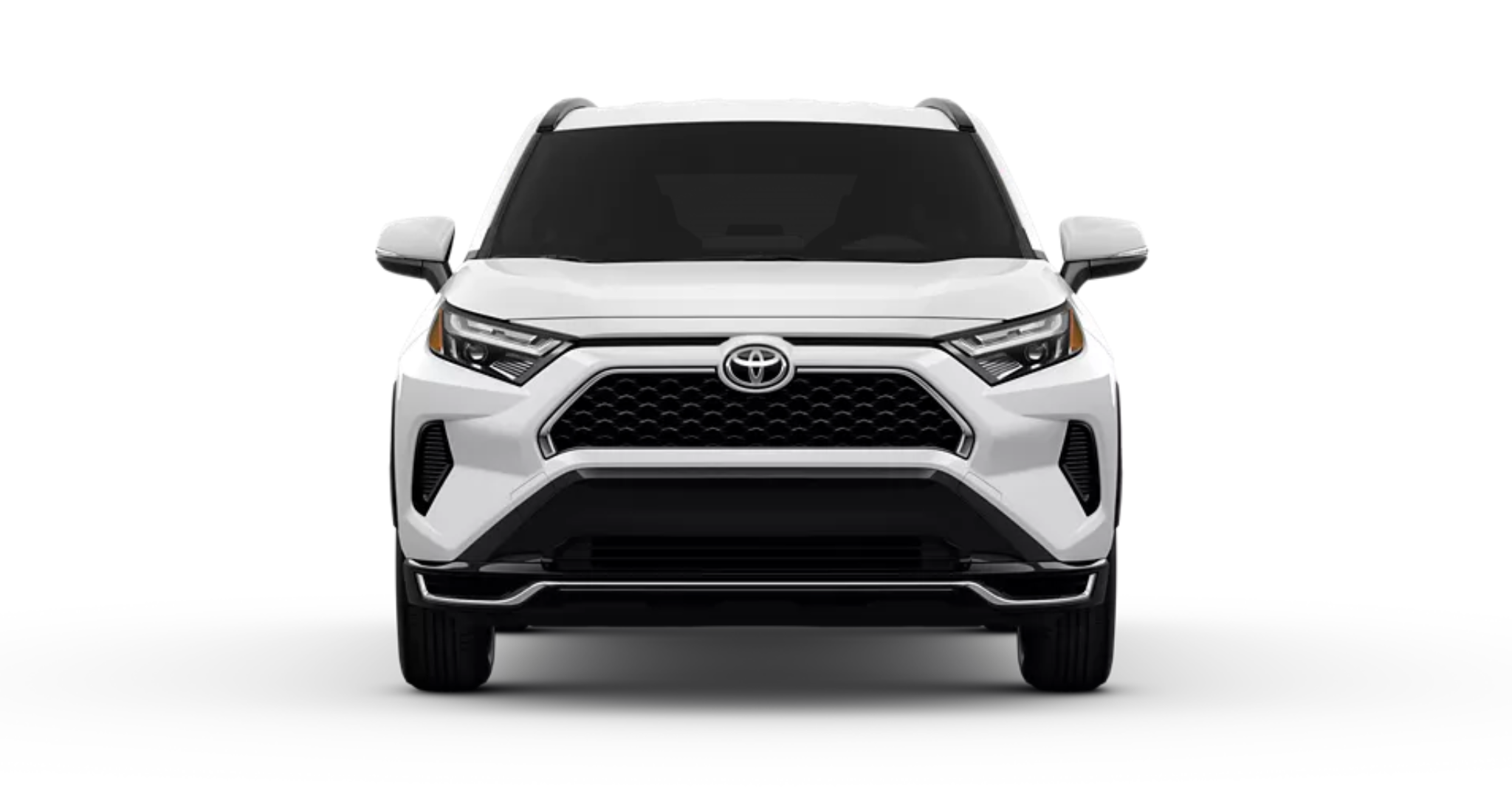 Front view of the 2025 Toyota RAV4 Plug-in Hybrid SE AWD featuring LED headlights and black sport grille
