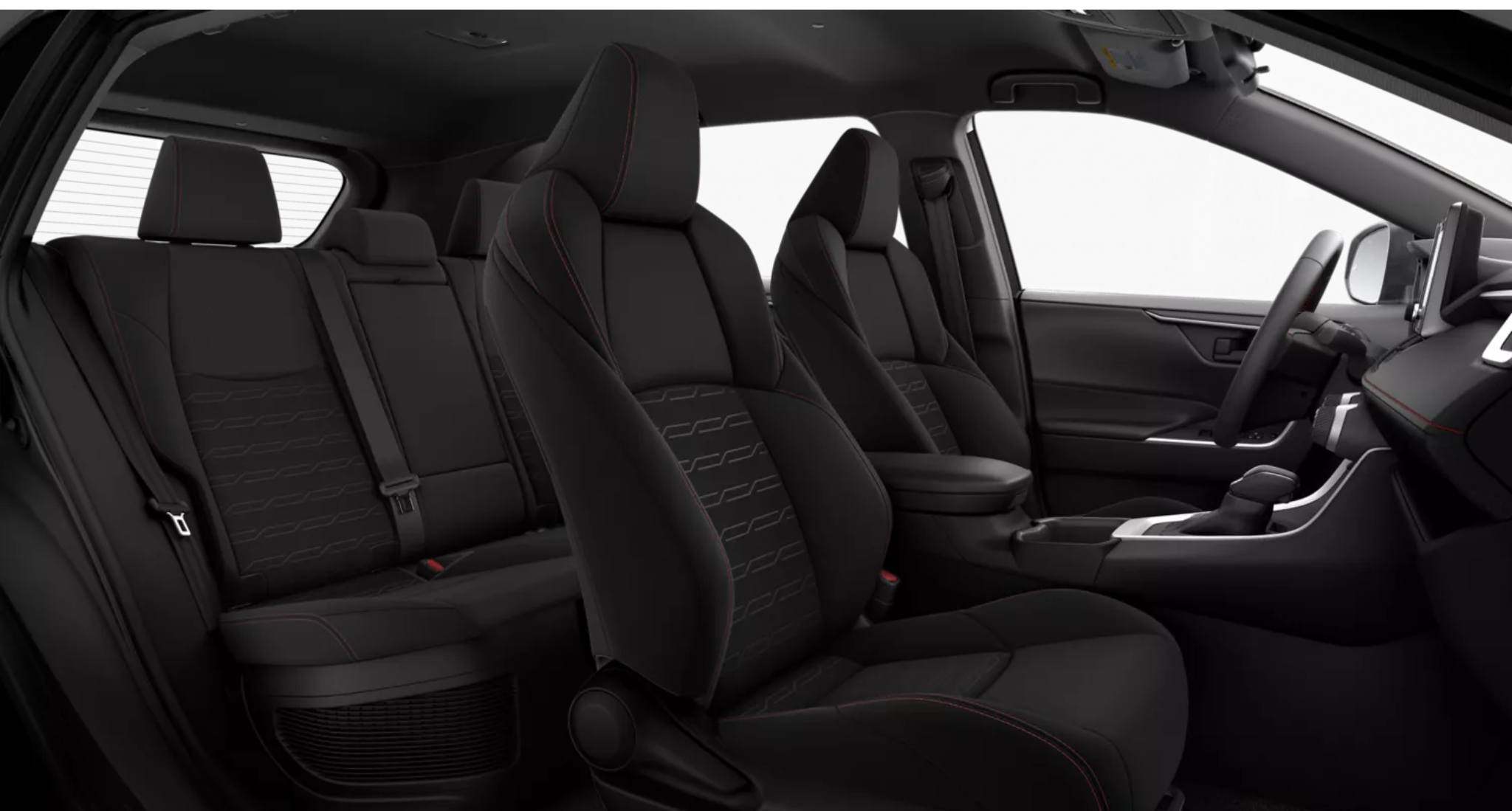 2025 Toyota RAV4 Plug-in Hybrid SE AWD black fabric interior with red stitching and 60/40 split rear seats