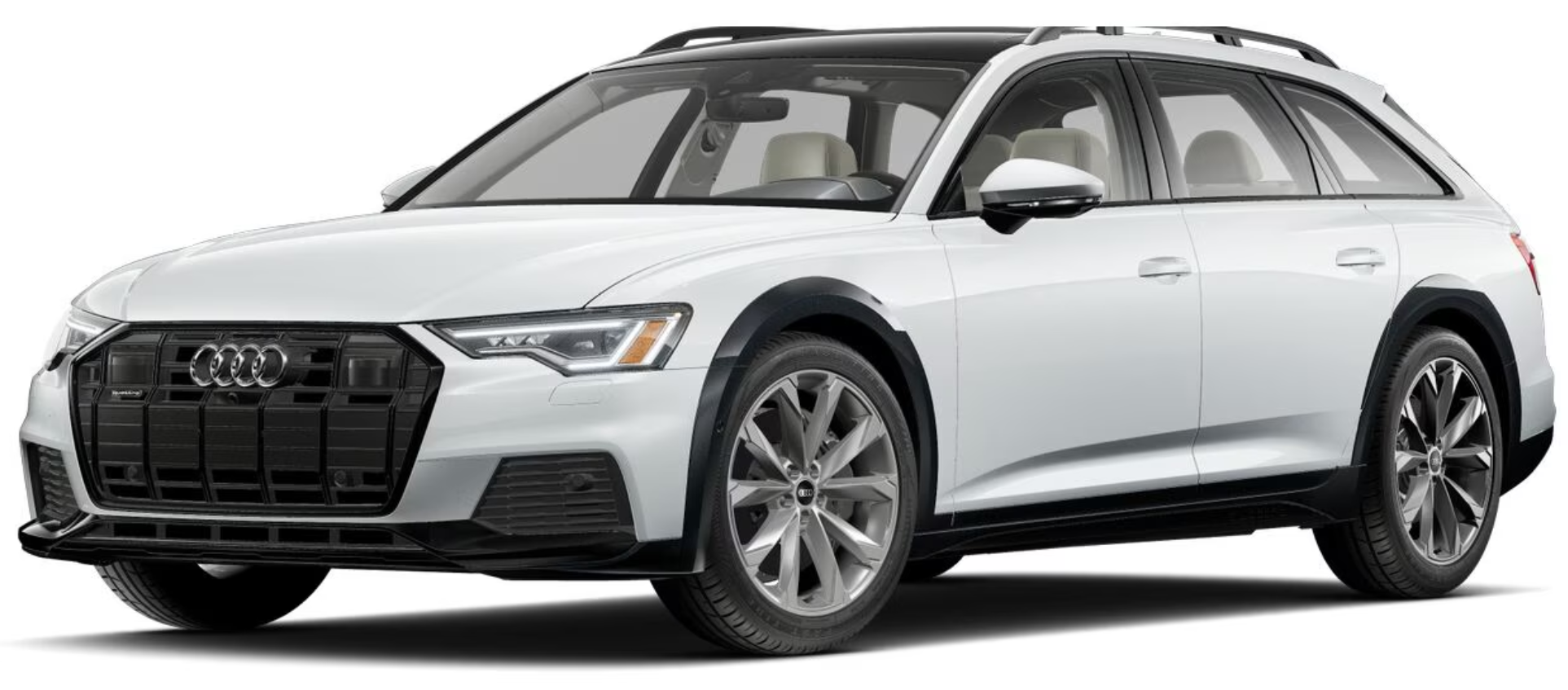The bold front view of the 2025 Audi A6 Allroad, showcasing the signature Audi Singleframe grille, sharp LED headlights, and an athletic stance for a commanding road presence.