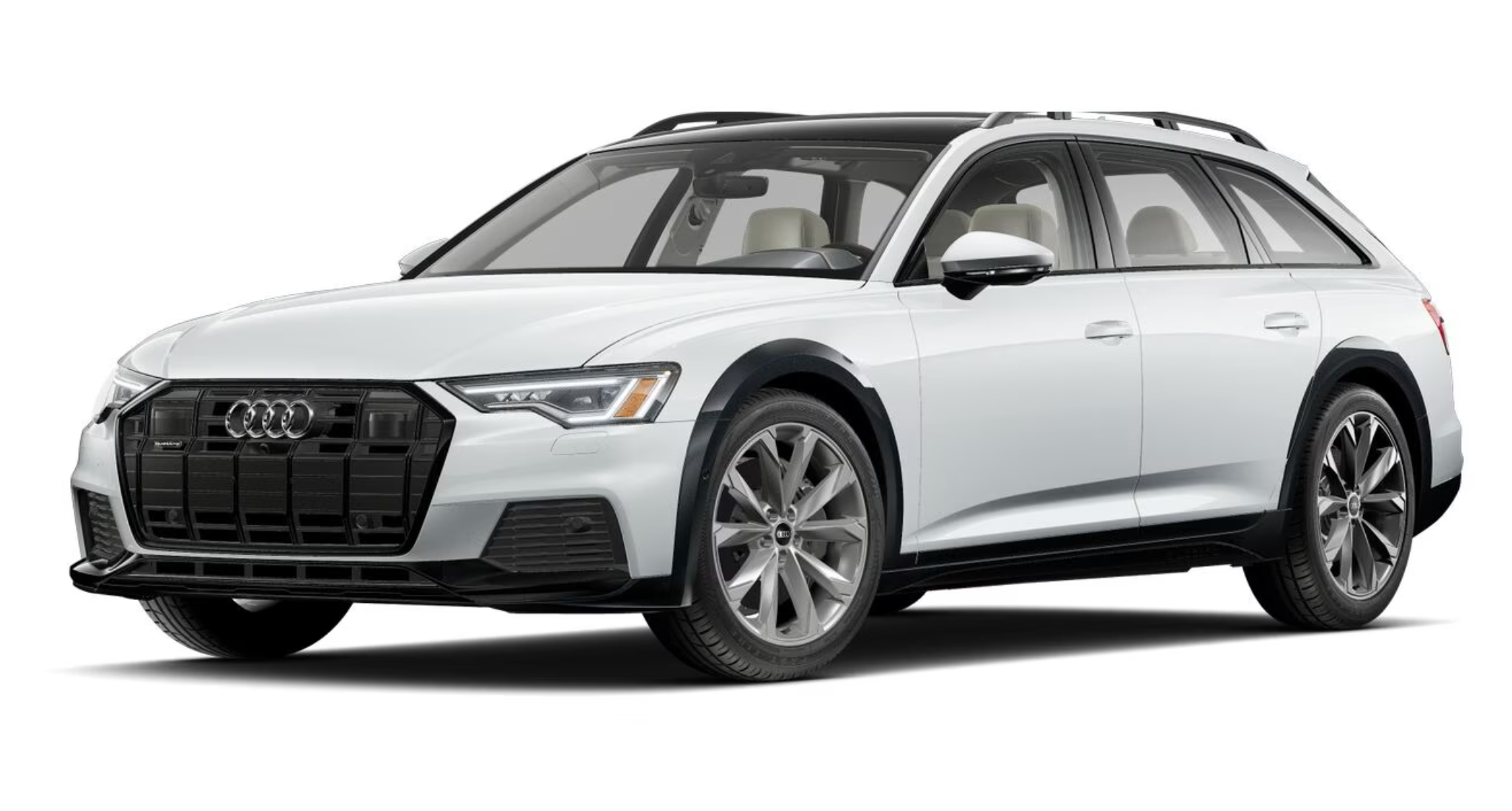 The bold front view of the 2025 Audi A6 Allroad, showcasing the signature Audi Singleframe grille, sharp LED headlights, and an athletic stance for a commanding road presence.