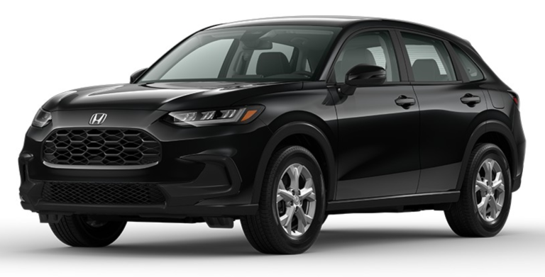 Front three-quarter view of the 2025 Honda HR-V AWD LX in Crystal Black Pearl with bold grille design, LED headlights, and sporty stance