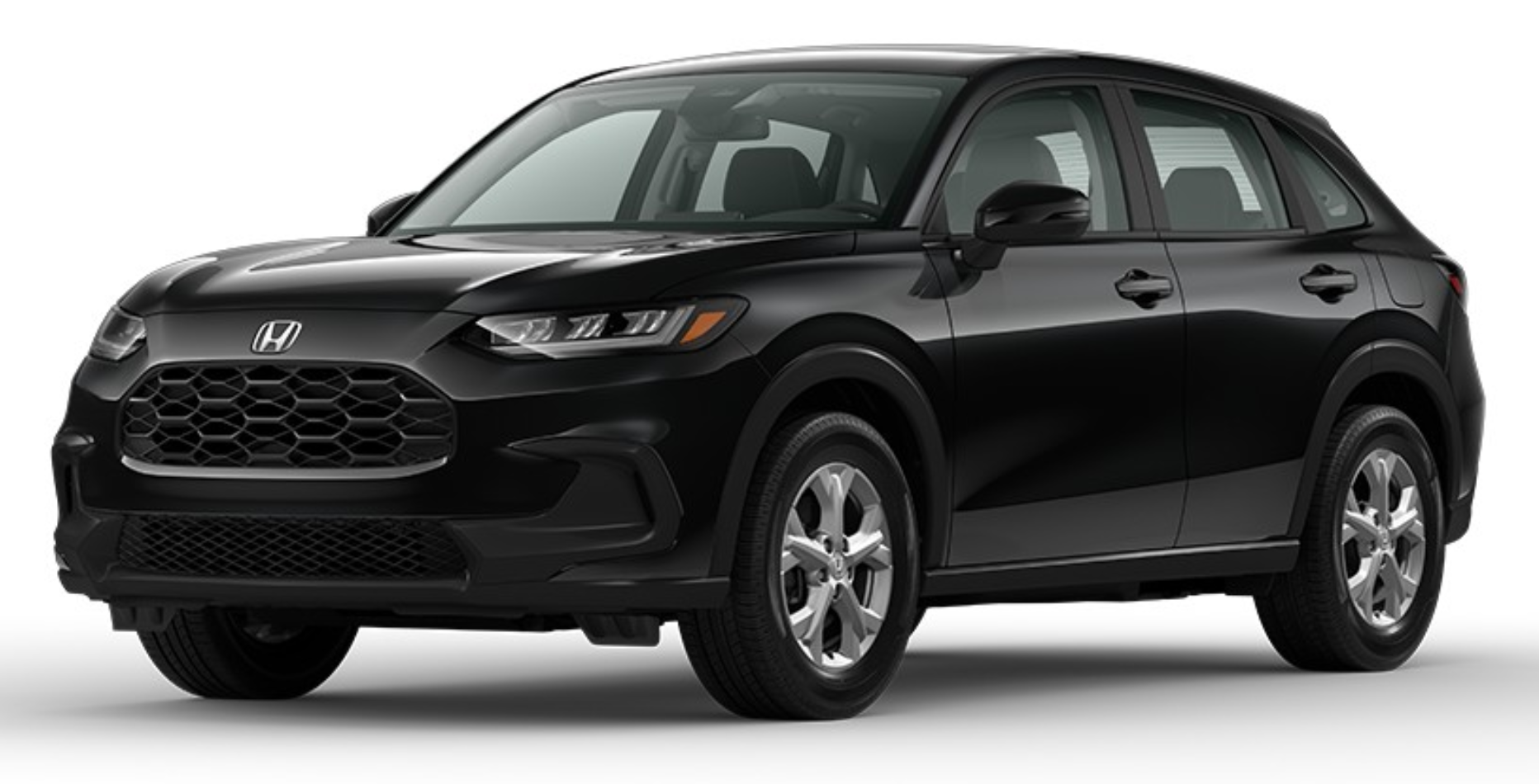 Front three-quarter view of the 2025 Honda HR-V AWD LX in Crystal Black Pearl with bold grille design, LED headlights, and sporty stance