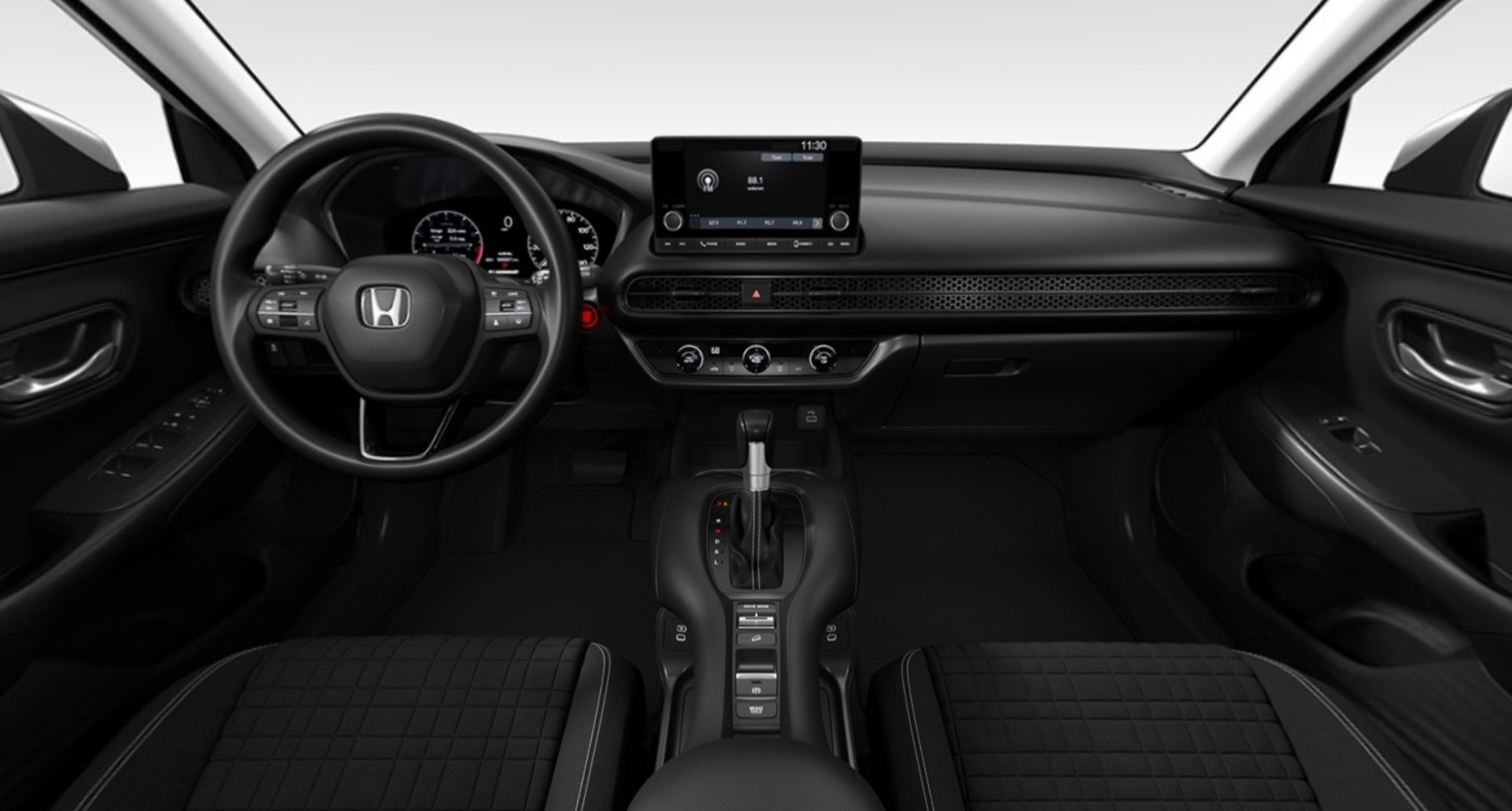 2025 Honda HR-V AWD LX dashboard view featuring digital gauge cluster, touchscreen display with Apple CarPlay, climate controls, and ergonomic center console