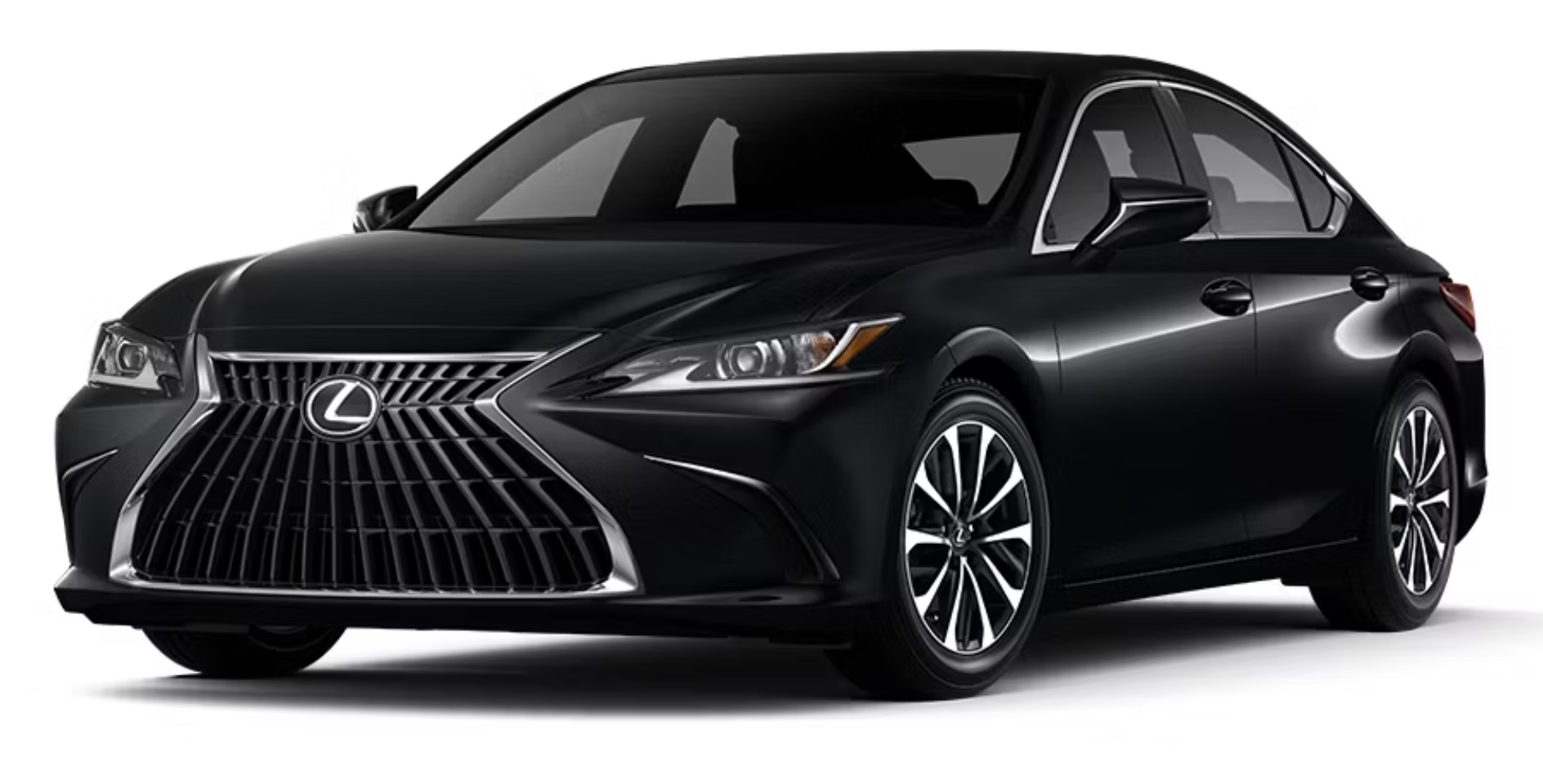 2025 Lexus ES 300h Hybrid FWD front exterior featuring the signature Lexus spindle grille, sleek LED headlights, and a bold, aggressive luxury sedan stance.