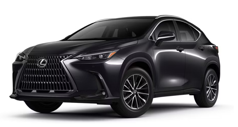 Front view of the 2025 Lexus NX 350h AWD Hybrid featuring the signature spindle grille, sharp LED headlights, and athletic stance, emphasizing luxury SUV design.