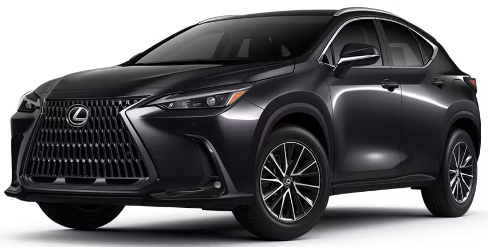 Front view of the 2025 Lexus NX 350h AWD Hybrid featuring the signature spindle grille, sharp LED headlights, and athletic stance, emphasizing luxury SUV design.