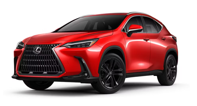 2025 Lexus NX 450h front exterior view in Redline showing the signature spindle grille, Triple-Beam LED headlights, and an aggressive yet sophisticated SUV stance.