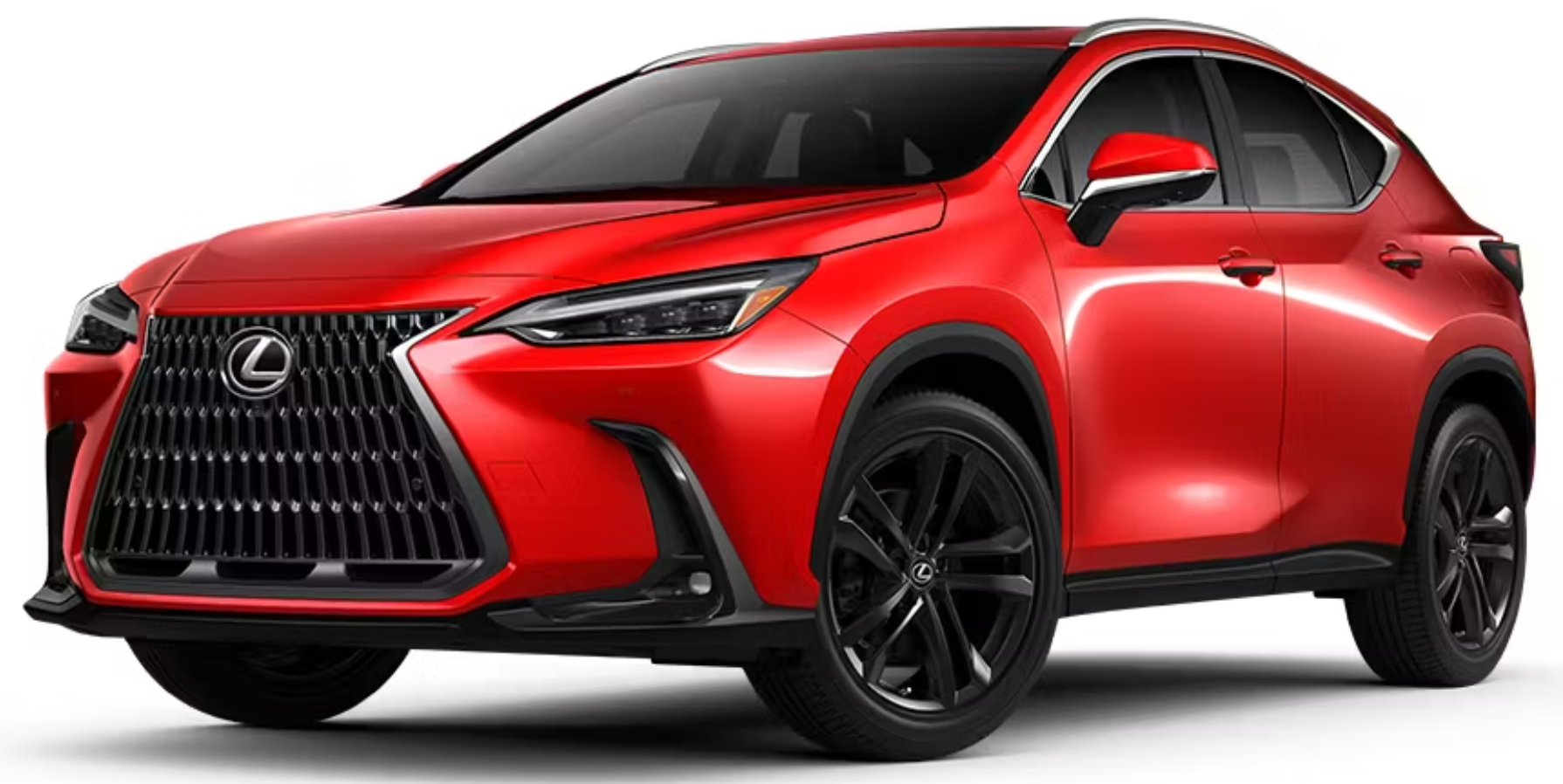 2025 Lexus NX 450h front exterior view in Redline showing the signature spindle grille, Triple-Beam LED headlights, and an aggressive yet sophisticated SUV stance.