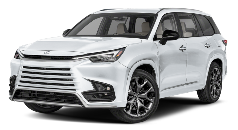 Front view of the 2025 Lexus TX 500h AWD Premium showcasing its aggressive F SPORT grille, LED headlights, and aerodynamic body design for a commanding road presence.
