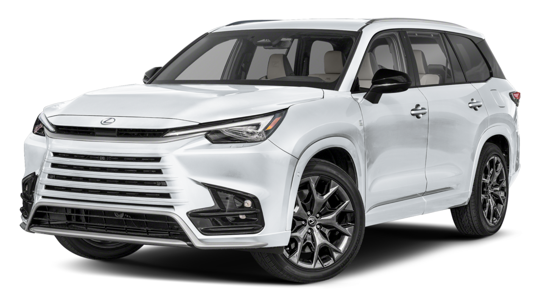 Front view of the 2025 Lexus TX 500h AWD Premium showcasing its aggressive F SPORT grille, LED headlights, and aerodynamic body design for a commanding road presence.