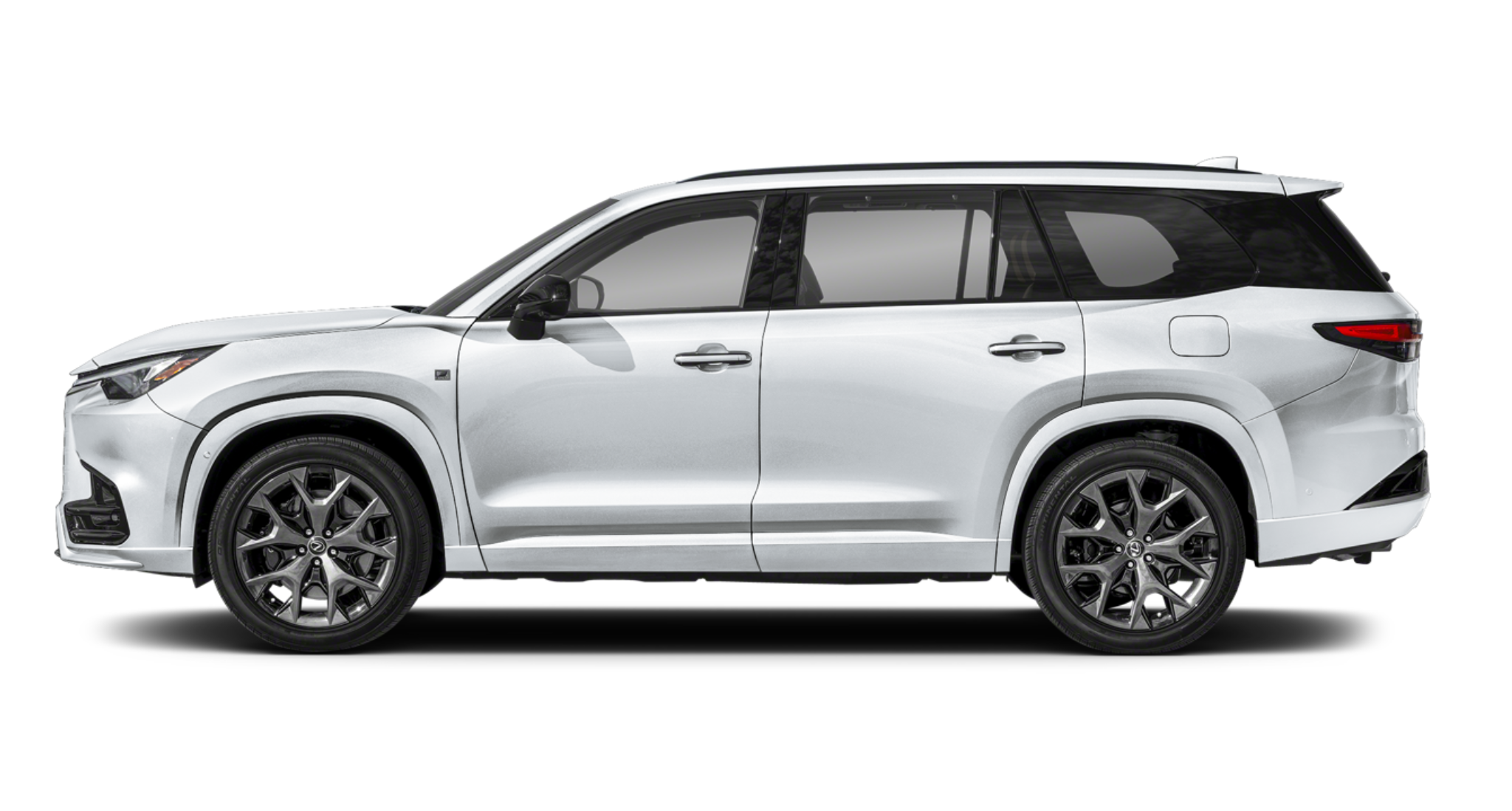 Side profile of the 2025 Lexus TX 500h AWD Premium in Eminent White Pearl, featuring a bold body design, black roof, and F SPORT 22-inch split-five-spoke wheels.