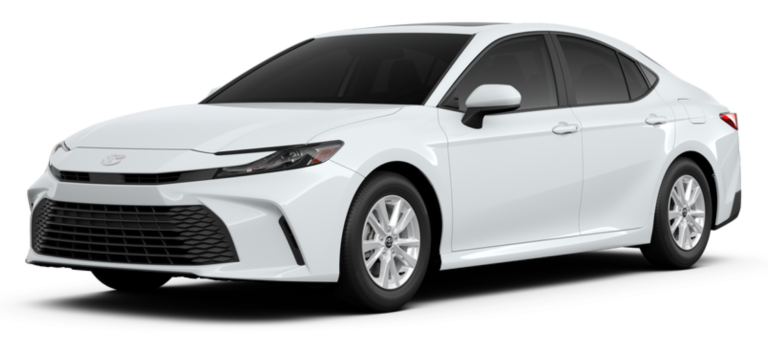 Angled front view of the 2025 Toyota Camry LE FWD, emphasizing its sculpted hood, aggressive grille, and contemporary design features.