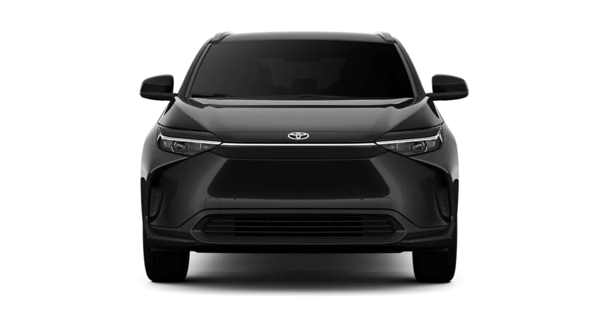 Head-on front view of the 2025 Toyota bZ4X XLE showcasing sleek LED headlights and aerodynamic front fascia