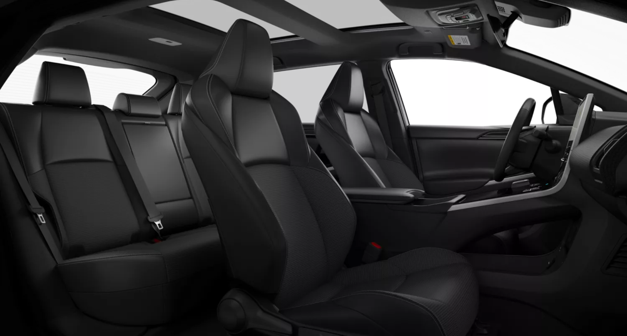 Front and rear seats of the 2025 Toyota bZ4X XLE with black SofTex-trimmed upholstery and panoramic roof view