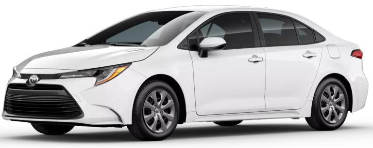 Front view of the 2025 Toyota Corolla LE FWD highlighting LED headlights, bold front grille, and sleek aerodynamic design.