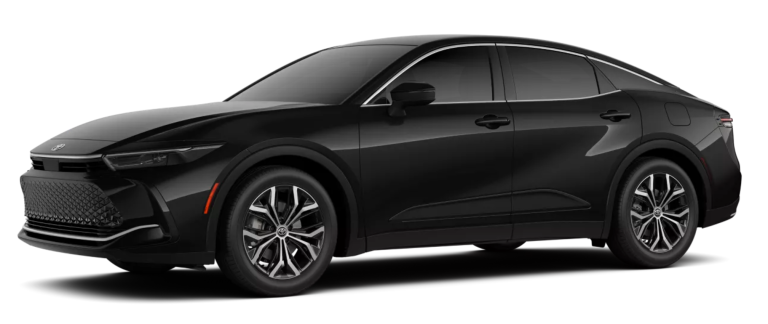 Angled front-side view of the 2025 Toyota Crown XLE AWD in black, showcasing its sculpted body lines, 19-inch alloy wheels, and modern sedan profile.
