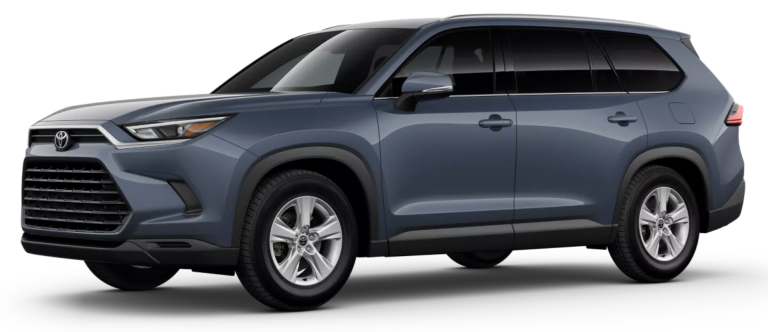 Side angle view of the 2025 Toyota Grand Highlander Hybrid LE AWD in blueprint color with alloy wheels and sleek hybrid SUV design.