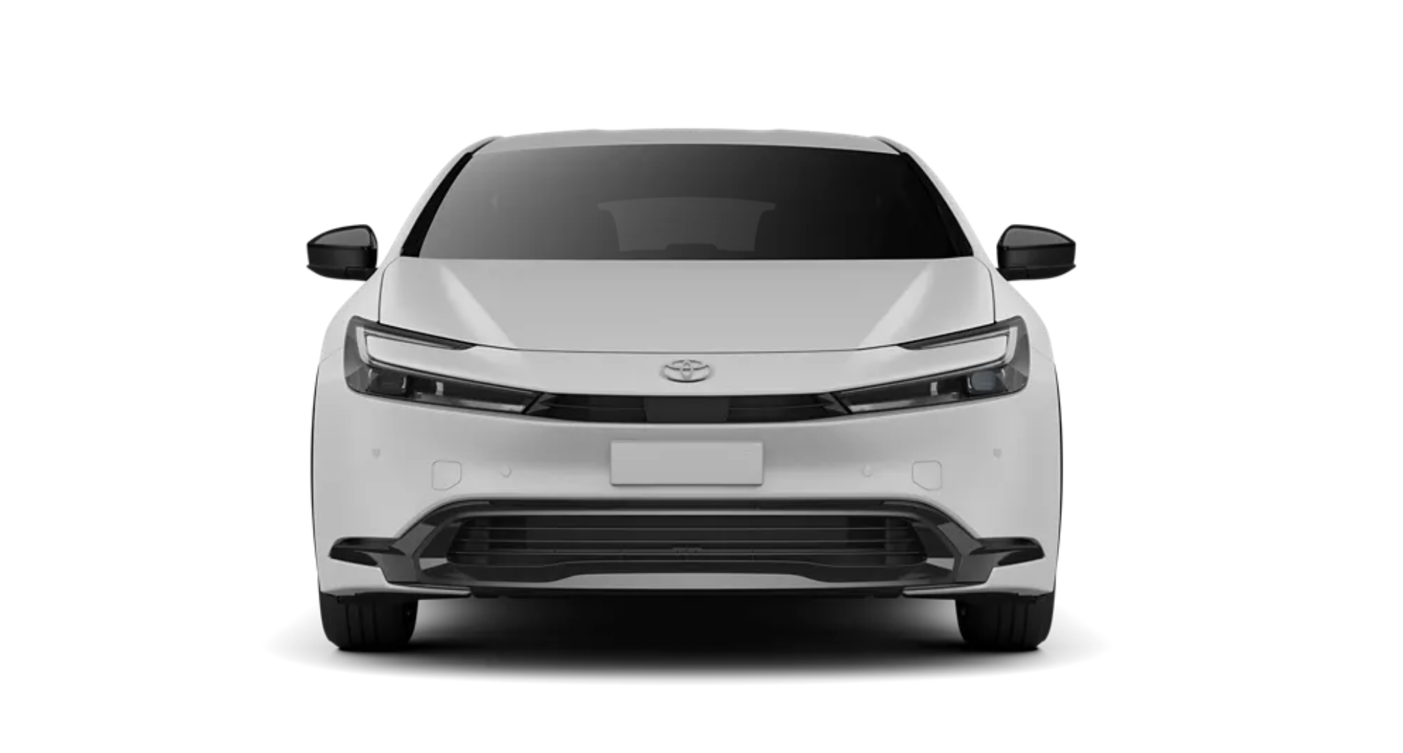 Front view of the 2025 Toyota Prius Hybrid LE in white, highlighting the sleek LED headlights, black accent grille, and aerodynamic front design.