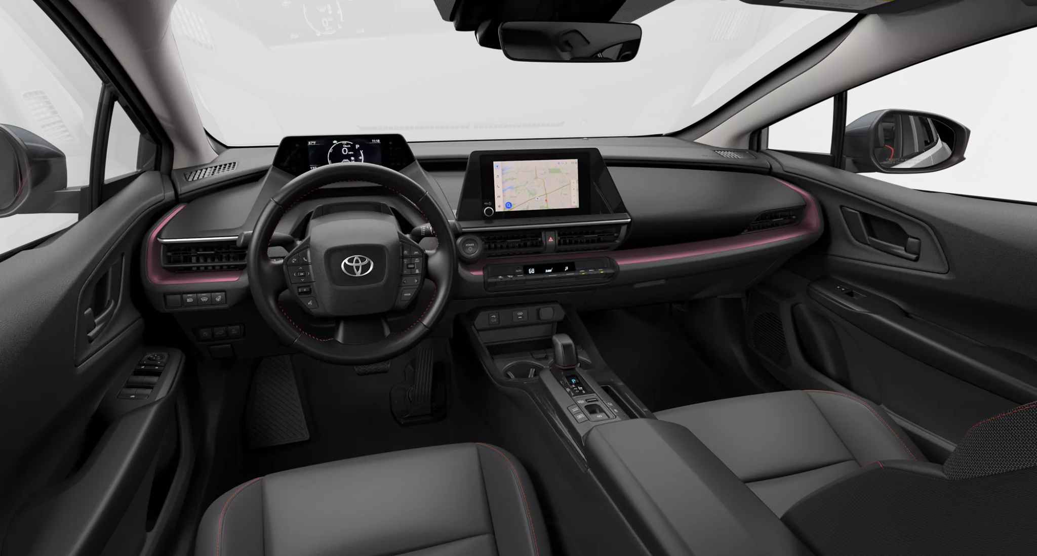 Close-up of the 2025 Toyota Prius PHEV LE interior dashboard featuring a digital driver display, a central touchscreen with navigation, and modern control layout.