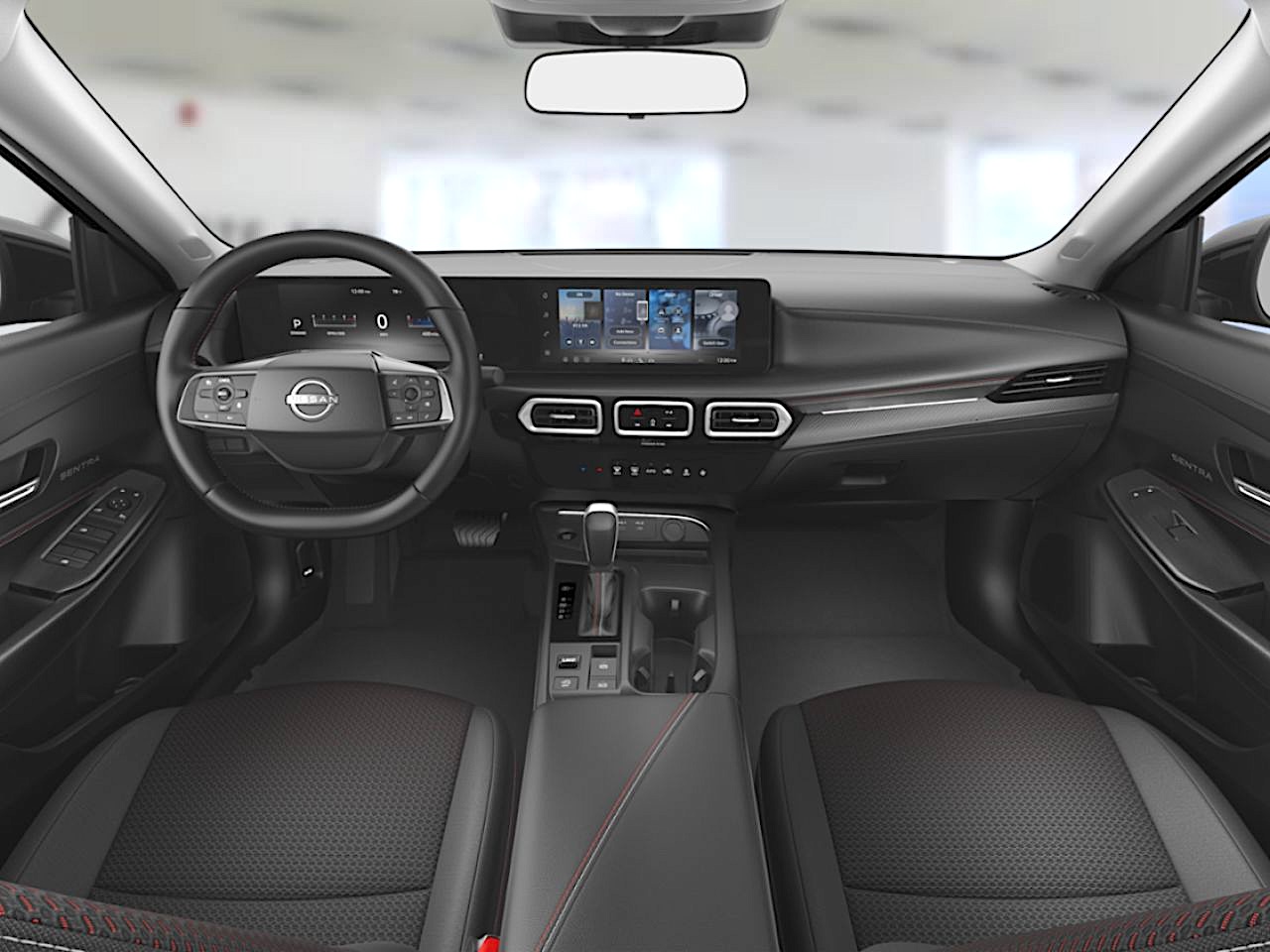 Modern front interior of the 2026 Nissan Sentra showcasing the driver-focused dashboard with a 7-inch NissanConnect touchscreen display, Apple CarPlay, and Android Auto compatibility, along with ergonomic climate control vents and a leather-wrapped steering wheel.