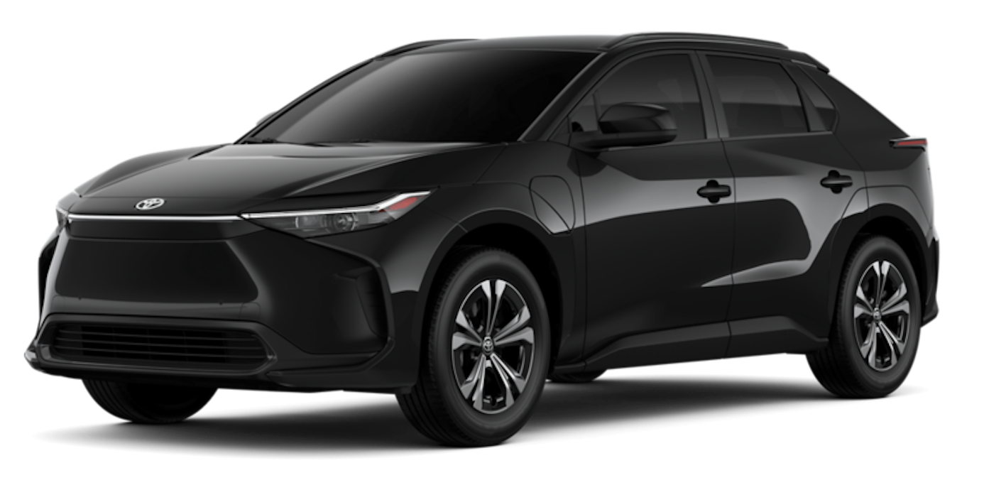 Front view of the 2025 Toyota bZ4X XLE in black, highlighting alloy wheels, flush door handles, and charging port