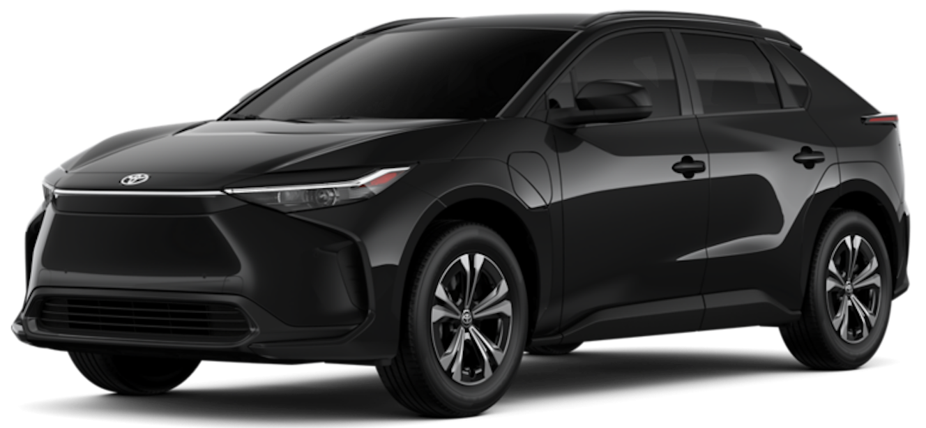 Front view of the 2025 Toyota bZ4X XLE in black, highlighting alloy wheels, flush door handles, and charging port