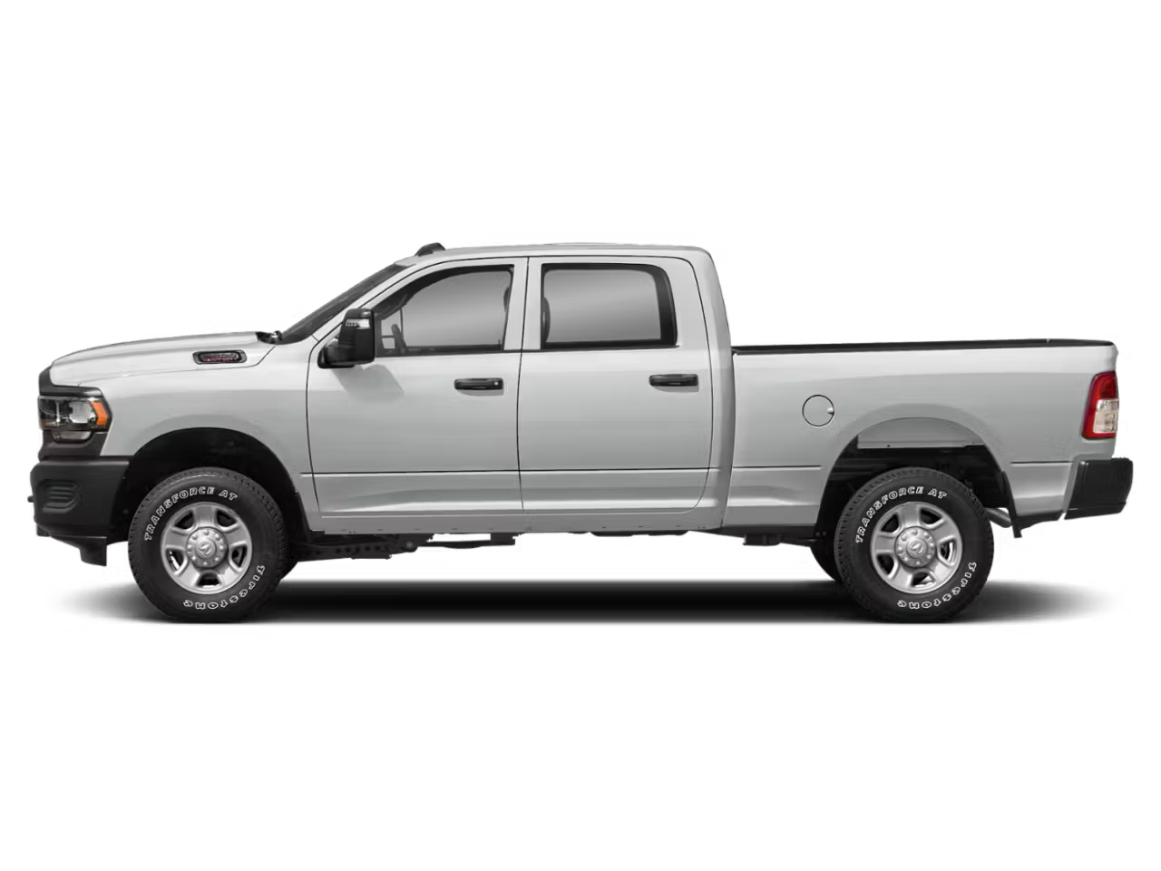 Side profile of the 2025 Ram 2500 Tradesman for lease, highlighting 17-inch steel wheels.