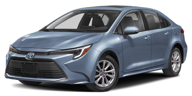 2025 Toyota Corolla Hybrid LE shown at a front three-quarter angle, featuring stylish 16-inch alloy wheels, a modern front fascia with integrated LED daytime running lights, and smooth body lines for an aerodynamic profile.
