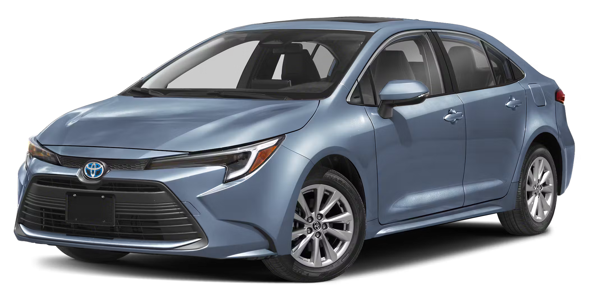 2025 Toyota Corolla Hybrid LE shown at a front three-quarter angle, featuring stylish 16-inch alloy wheels, a modern front fascia with integrated LED daytime running lights, and smooth body lines for an aerodynamic profile.