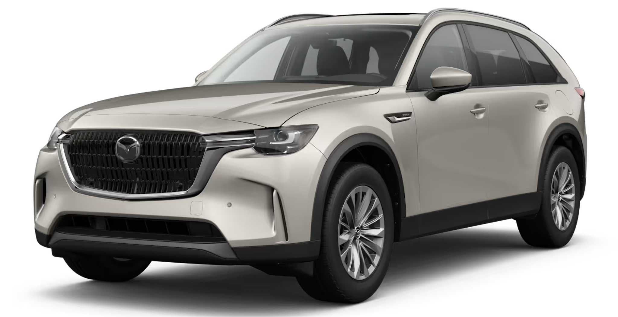 Front view of the 2025 Mazda CX90 PHEV showcasing its bold grille and sleek headlights.