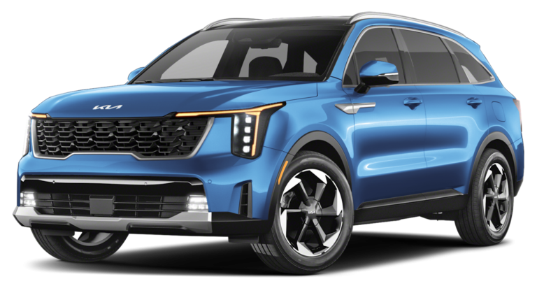 Front view of the 2025 Kia Sorento Hybrid EX showcasing the gloss black grille, LED headlights, and sleek body lines in Mineral Blue color.