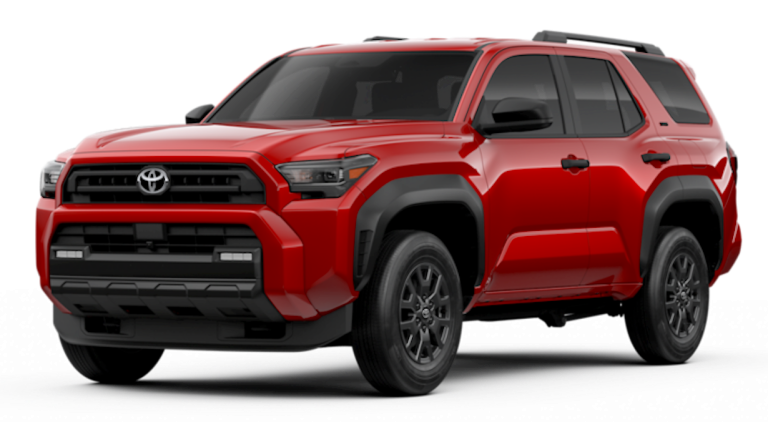 Three-quarter front-side view of the 2025 Toyota 4Runner SR5 4WD with black alloy wheels, privacy glass, and a modern SUV silhouette.