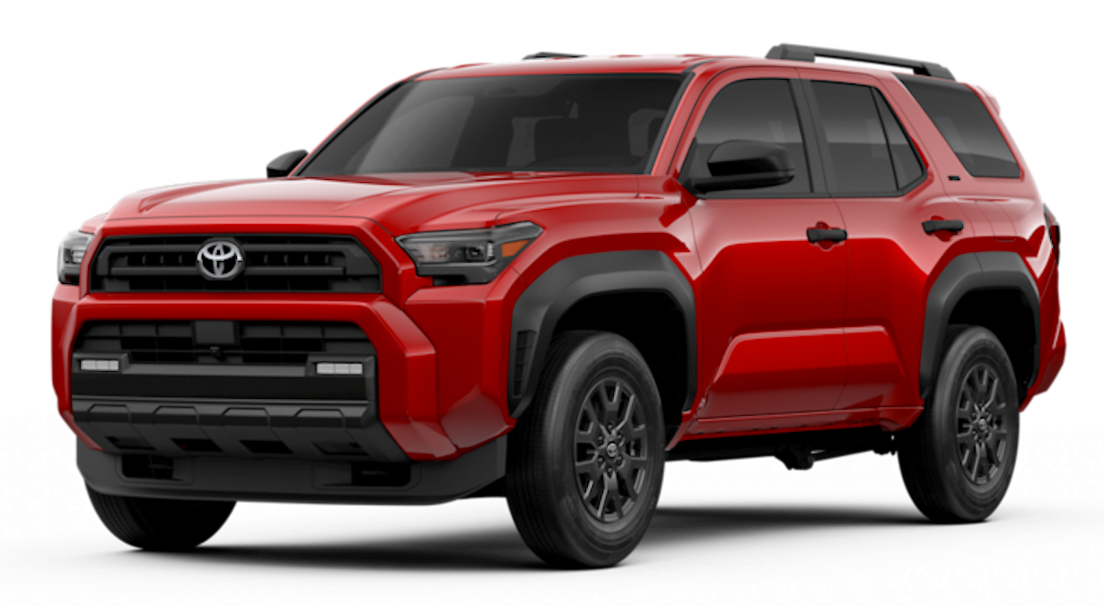 Three-quarter front-side view of the 2025 Toyota 4Runner SR5 4WD with black alloy wheels, privacy glass, and a modern SUV silhouette.
